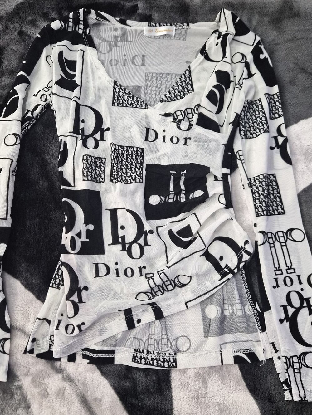 Black and White Logo Mesh Long Sleeve Top